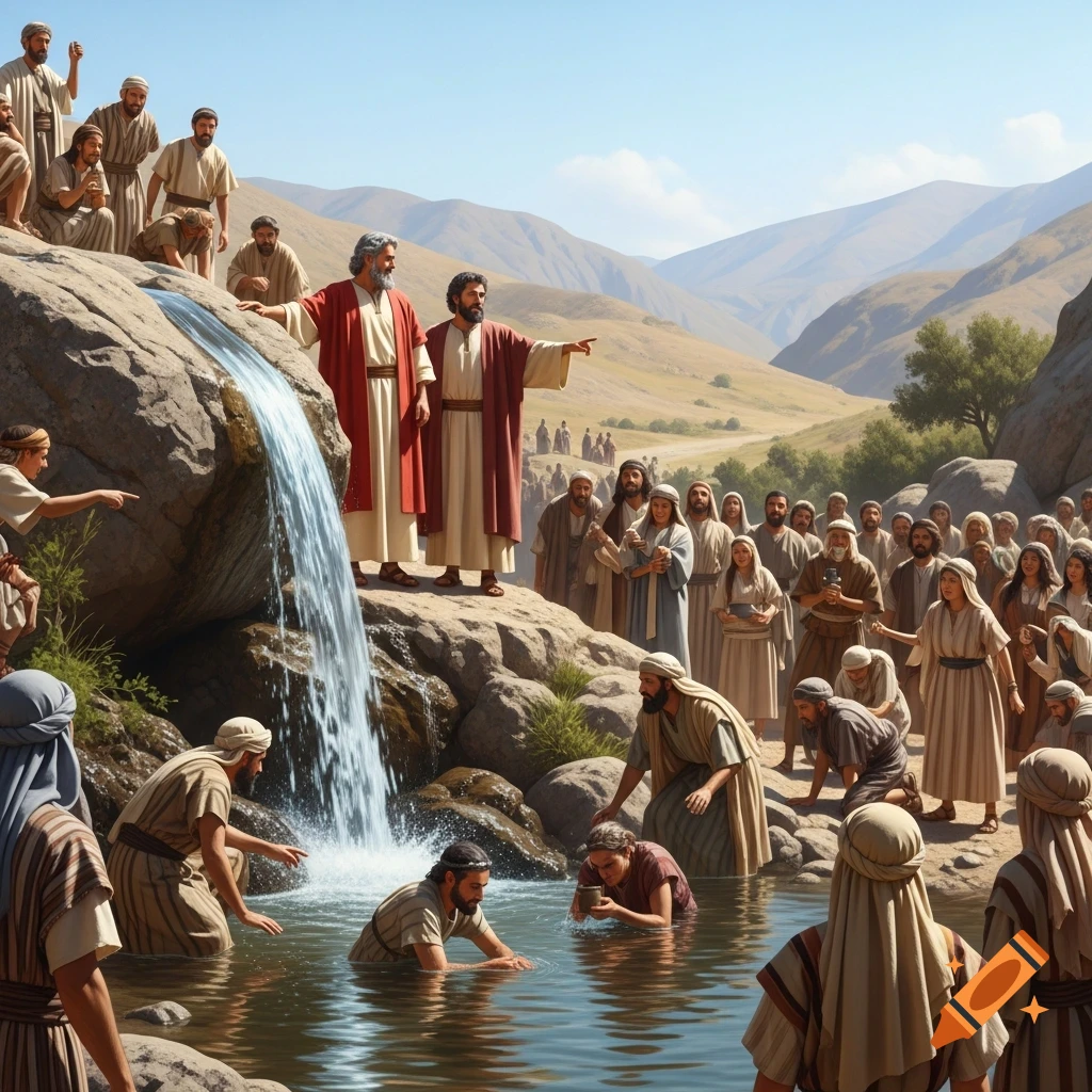 Moses and Aaron stand by a rock with a waterfall, addressing a crowd. People bathe and drink in a river in a mountain valley.