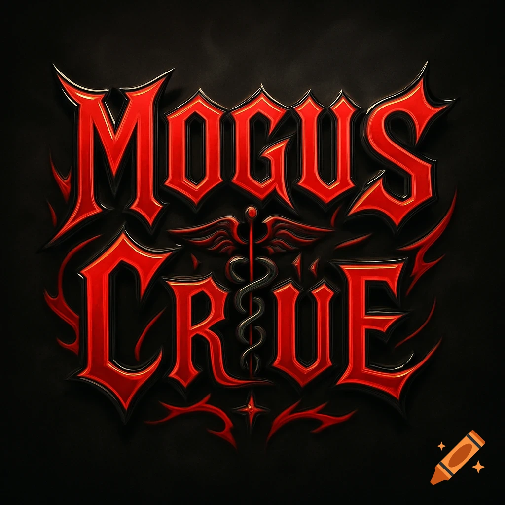A stylized red and black logo featuring the words "MOGUS CRUE" with a winged caduceus symbol between them.