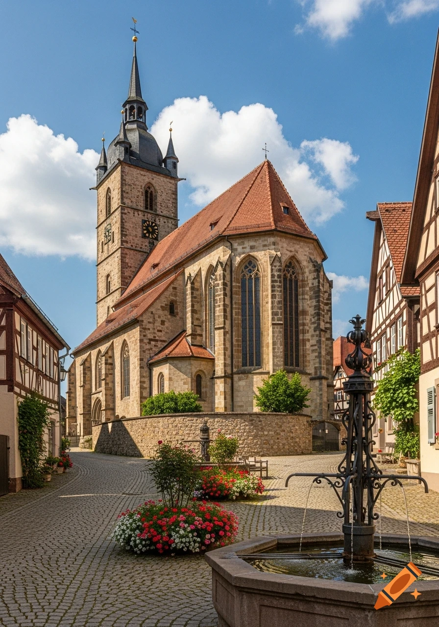 A historic stone church with a tall spire and red roof overlooks a cobblestone square with a fountain and half-timbered houses.