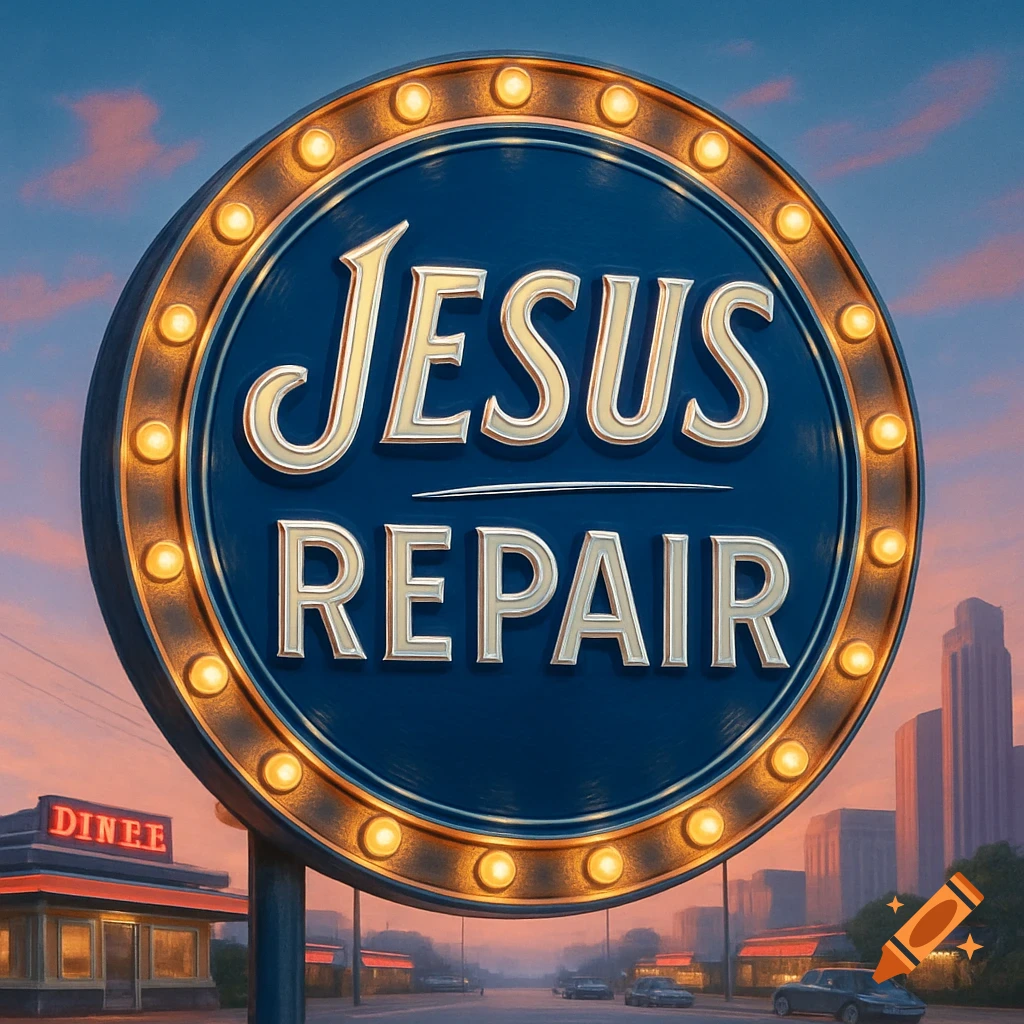 A large circular blue and gold sign with illuminated bulbs reads "JESUS REPAIR" in a 1950s style, against a dusk sky and cityscape.