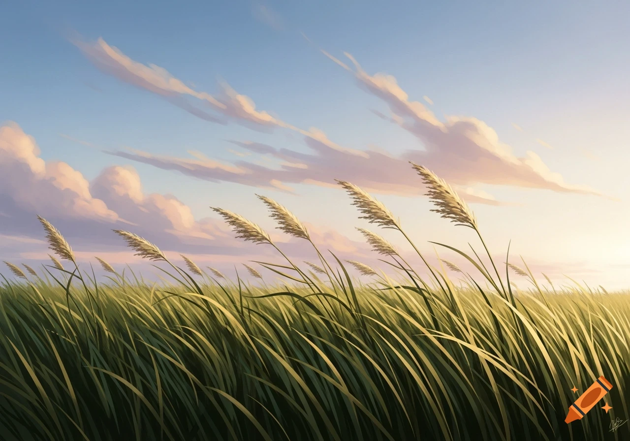 Digital painting of a field of tall green grass and golden reeds swaying under a blue sky with soft, wispy clouds at sunset.