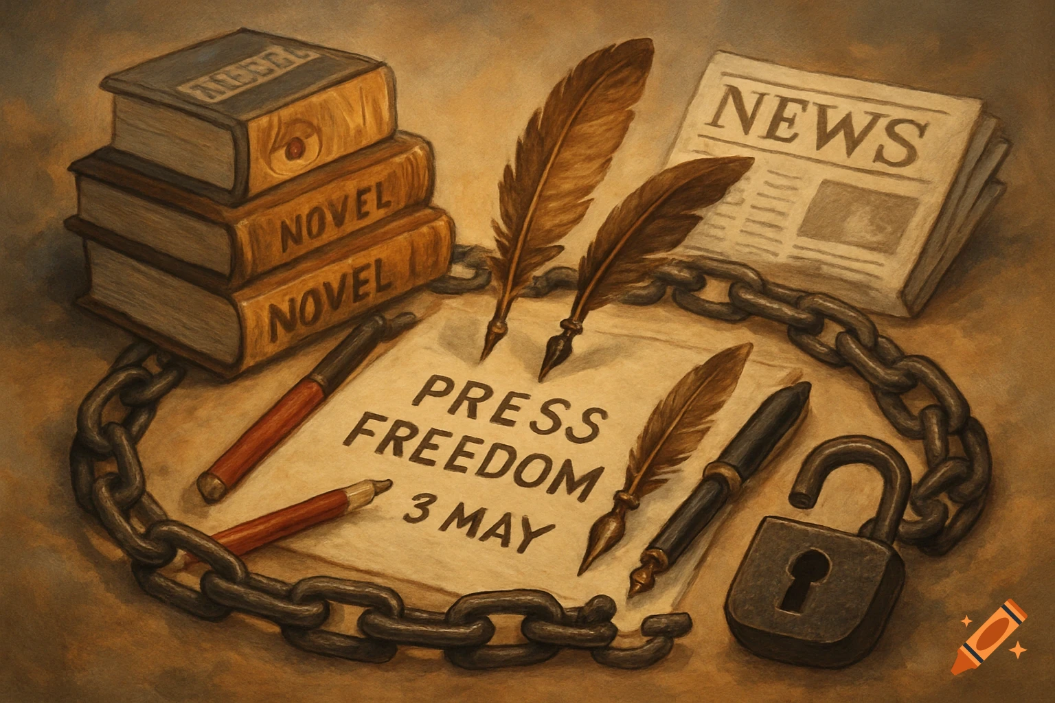 A stylized still life depicting objects of press freedom: an open padlock, a chain, quills, pens, books, and a newspaper around paper reading "PRESS FREEDOM 3 MAY".