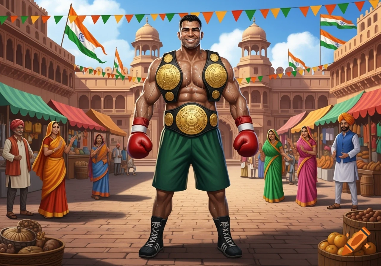 A muscular boxing champion wearing championship belts and red gloves smiles in an Indian marketplace with flags and people.