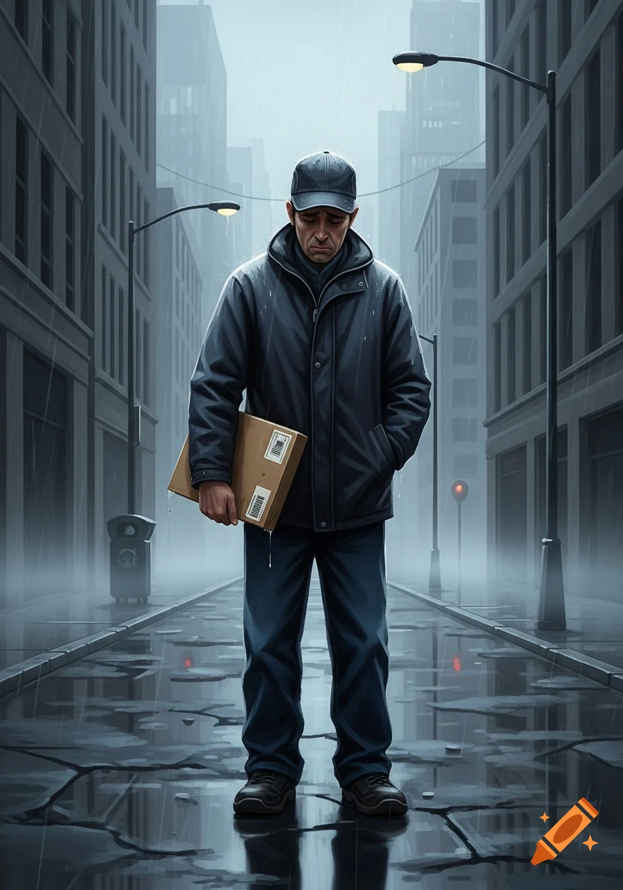 A somber delivery man in a dark jacket and cap stands in a rain-slicked city street, holding a package.