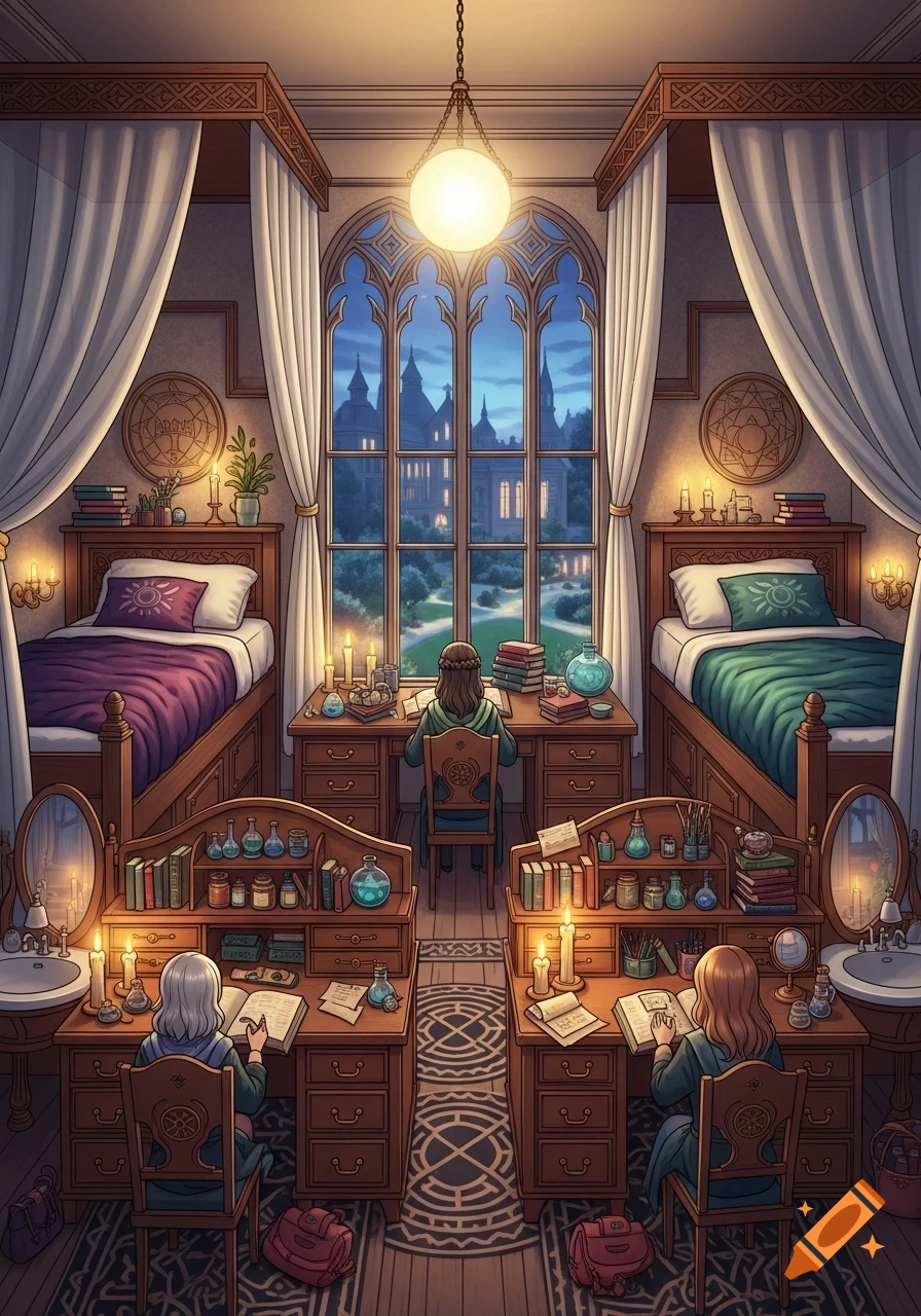 A detailed illustration of a magical dorm room with two students studying at desks, two four-poster beds, and a Gothic window overlooking a castle.