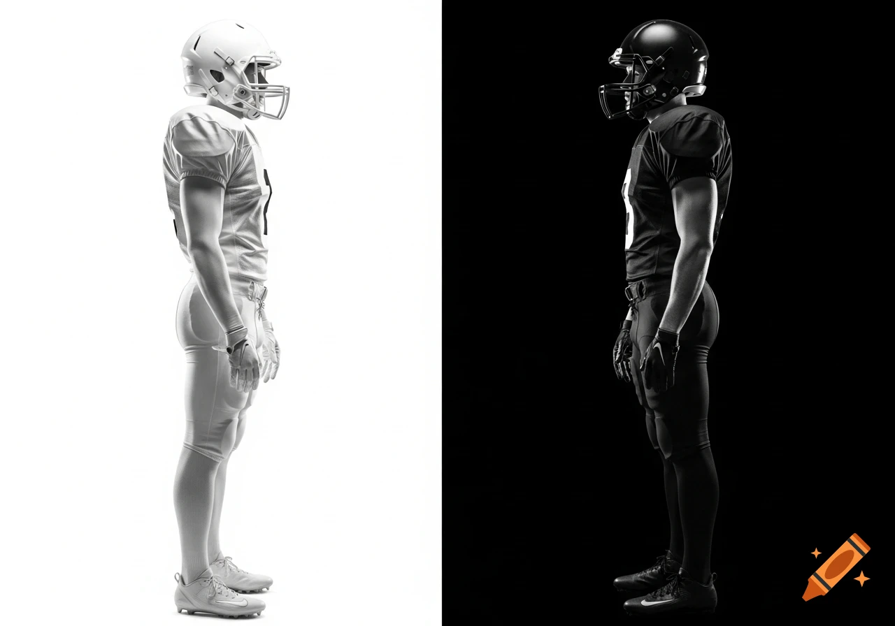 Photorealistic side view of two American football players; one in white uniform on white background, one in black on black.