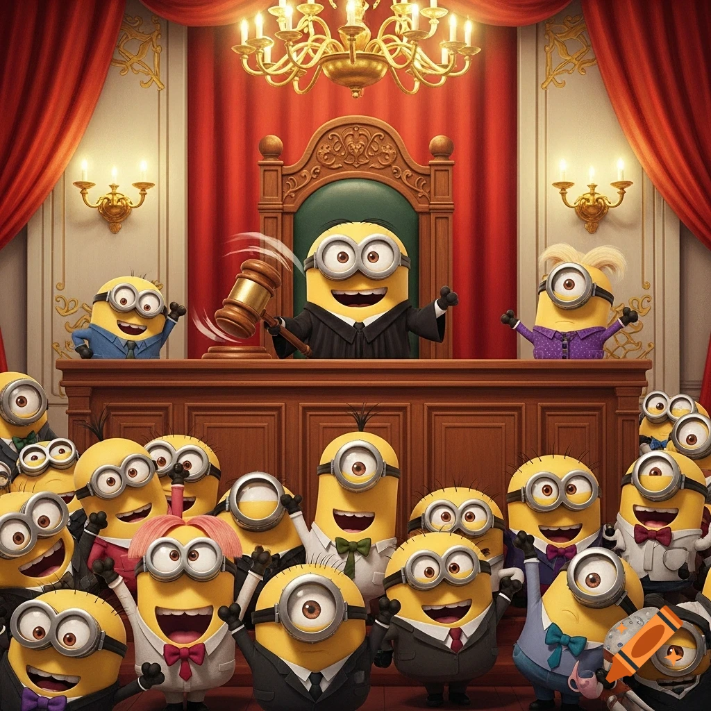 A Minion judge with a gavel in a courtroom full of cheering Minions in suits and dresses, under a chandelier.