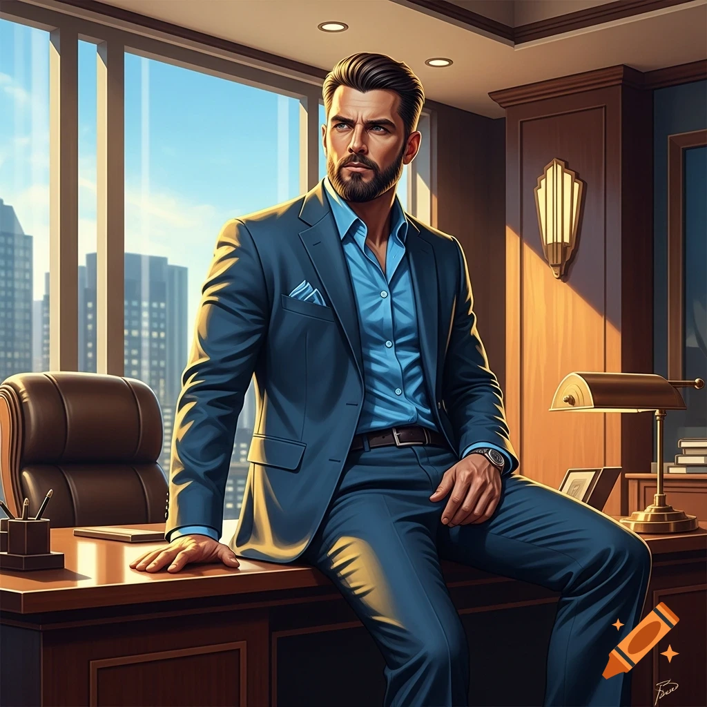 A stylish man in a blue suit sits on an office desk, looking out over a city skyline.