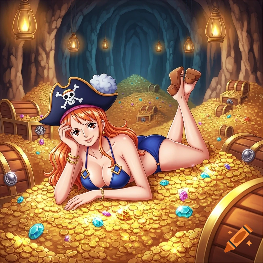 Nami from One Piece wearing a blue bikini and pirate hat, lying on a vast pile of gold coins and jewels inside a treasure cave, in anime style.