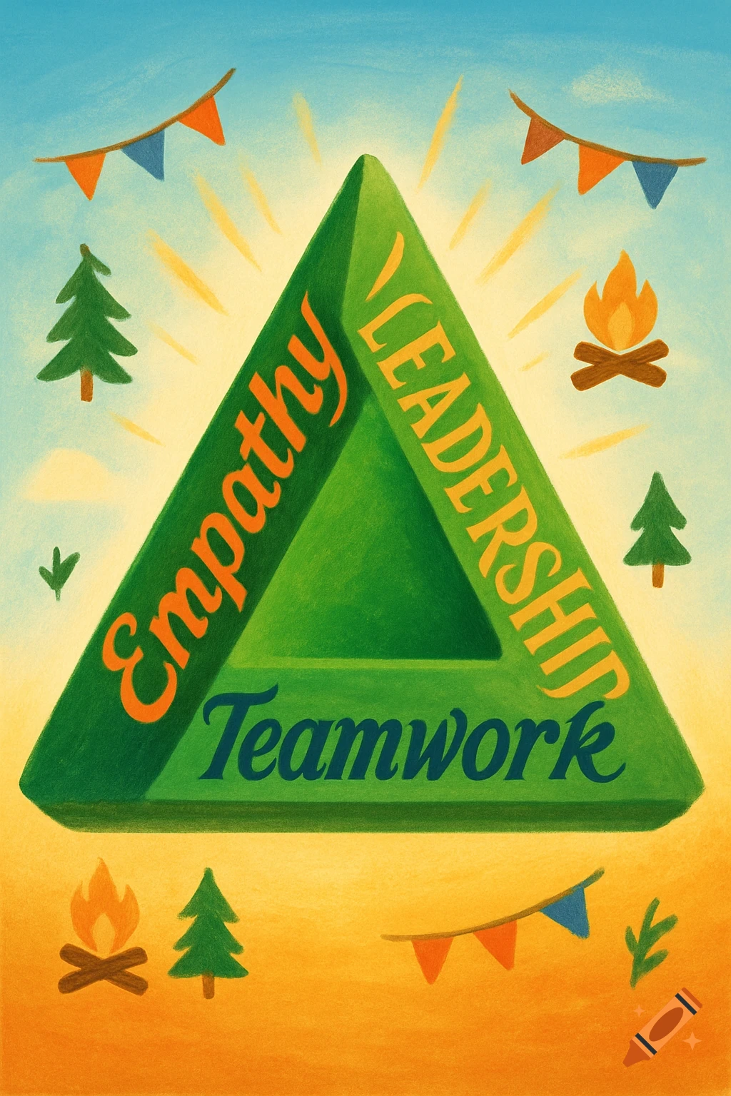 Stylized illustration of a green triangle with 'Empathy', 'Leadership', 'Teamwork' text, flanked by campfires and pine trees.