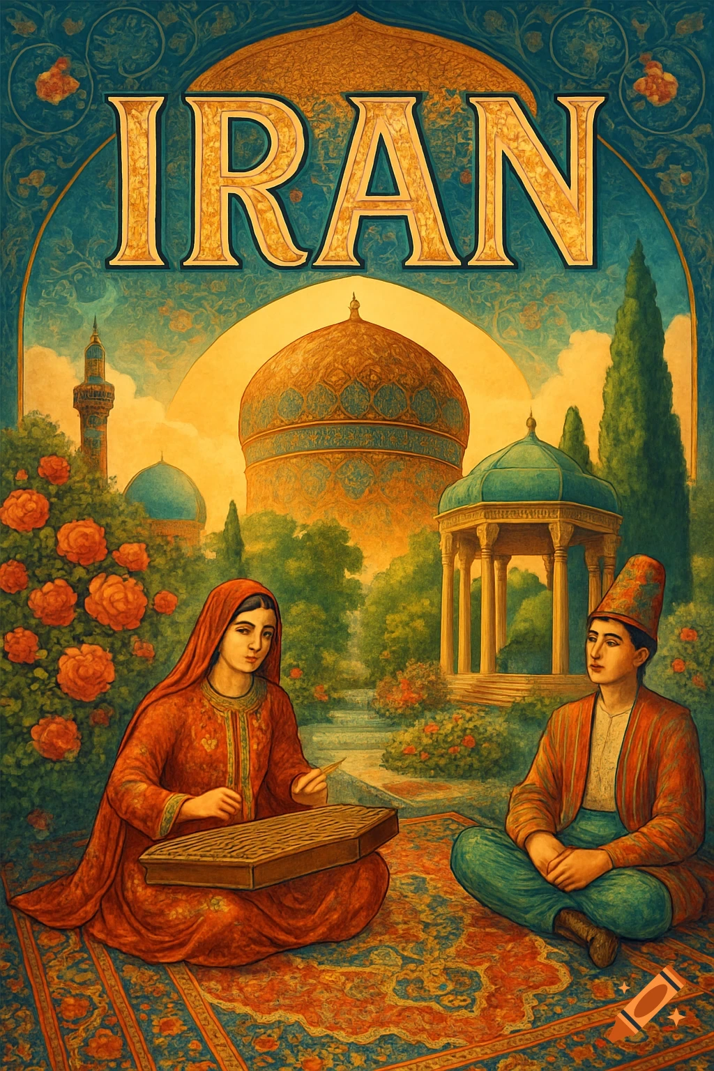 Stylized Persian art with 'IRAN' text, showing two people in traditional attire in a lush garden with domes and minarets.