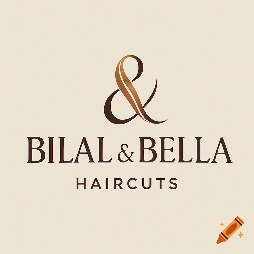 A sophisticated logo for Bilal & Bella Haircuts, featuring a stylized brown and gold ampersand above the company name.