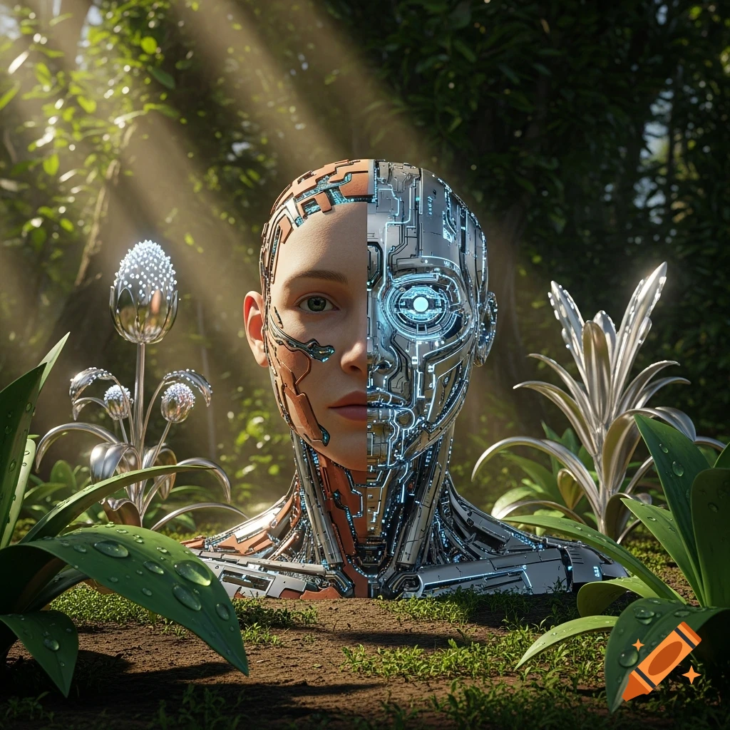 A half-human, half-robot face emerges from fertile soil in a sun-dappled forest, surrounded by metallic plants. Photorealistic.