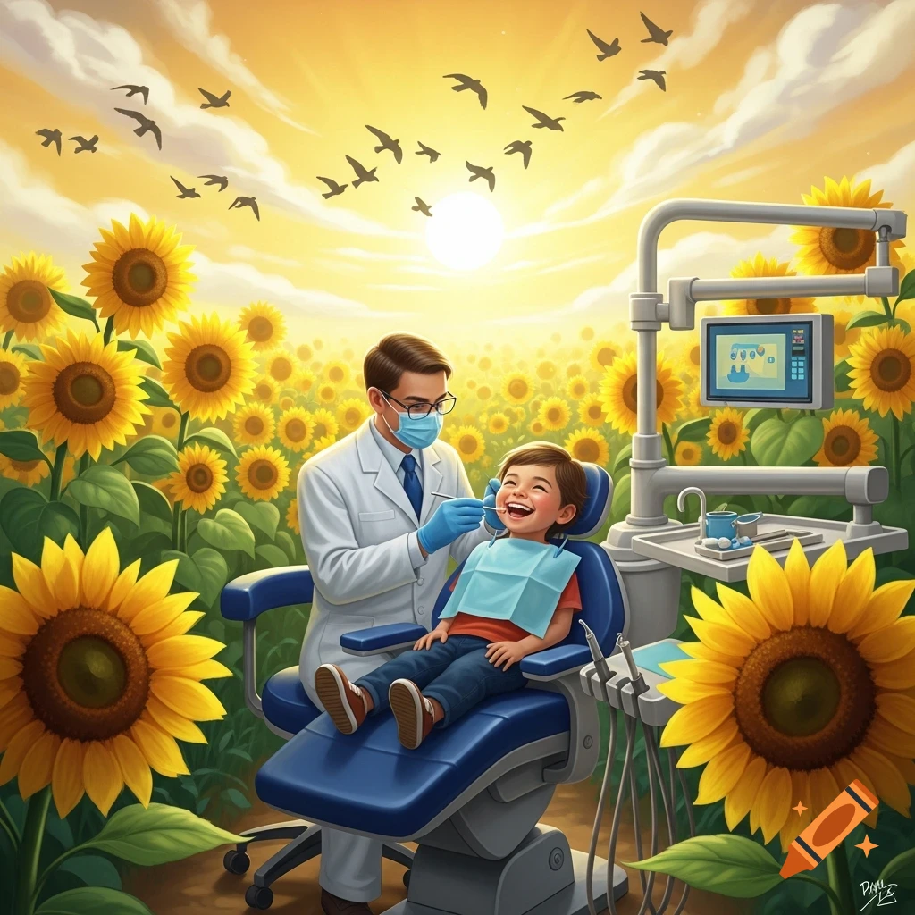A male dentist examines a smiling child in a dental chair within a field of sunflowers under a bright sky with flying birds.