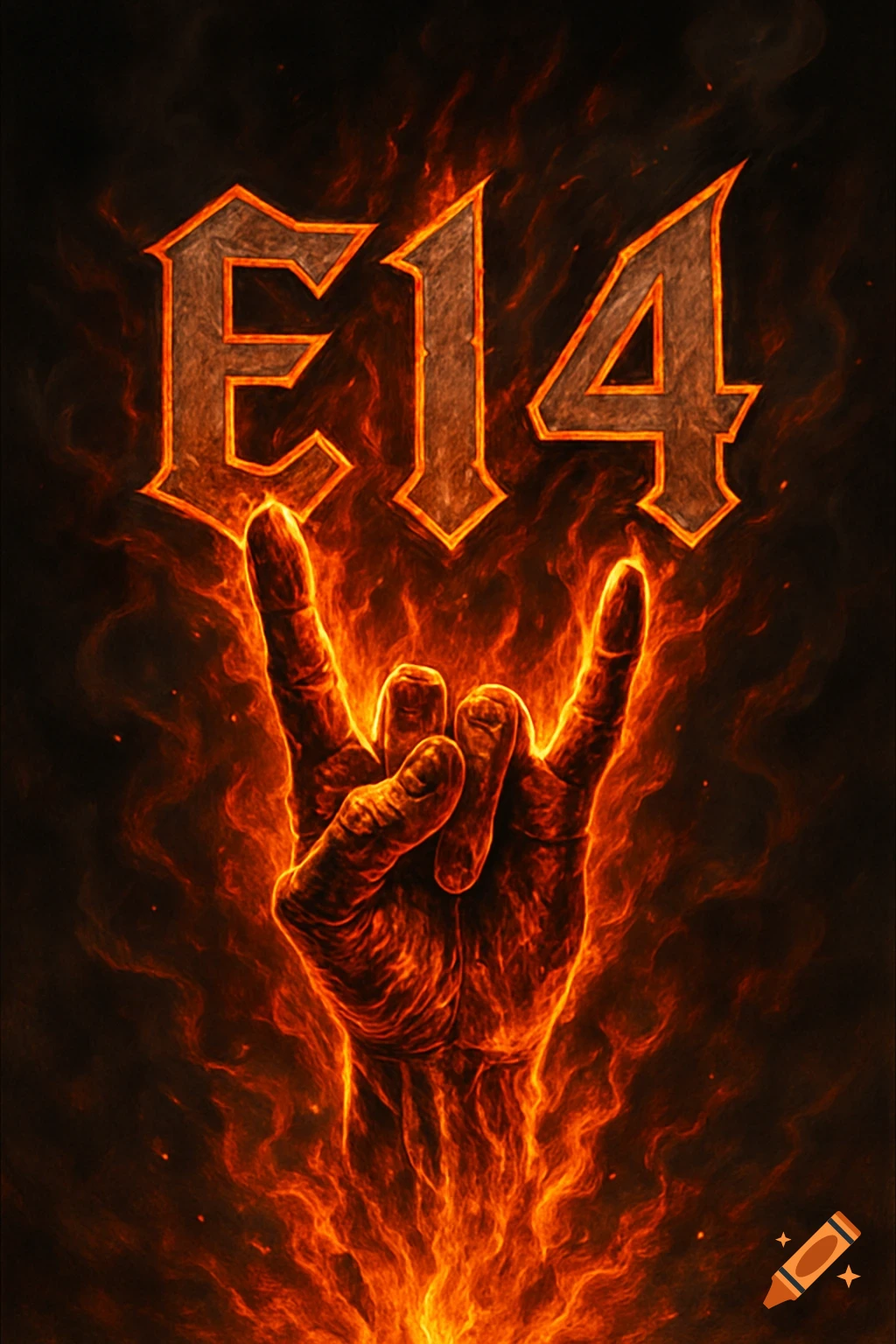 A fiery hand making a rock and roll sign against a dark, smoky background with a burning 'E14' logo above.