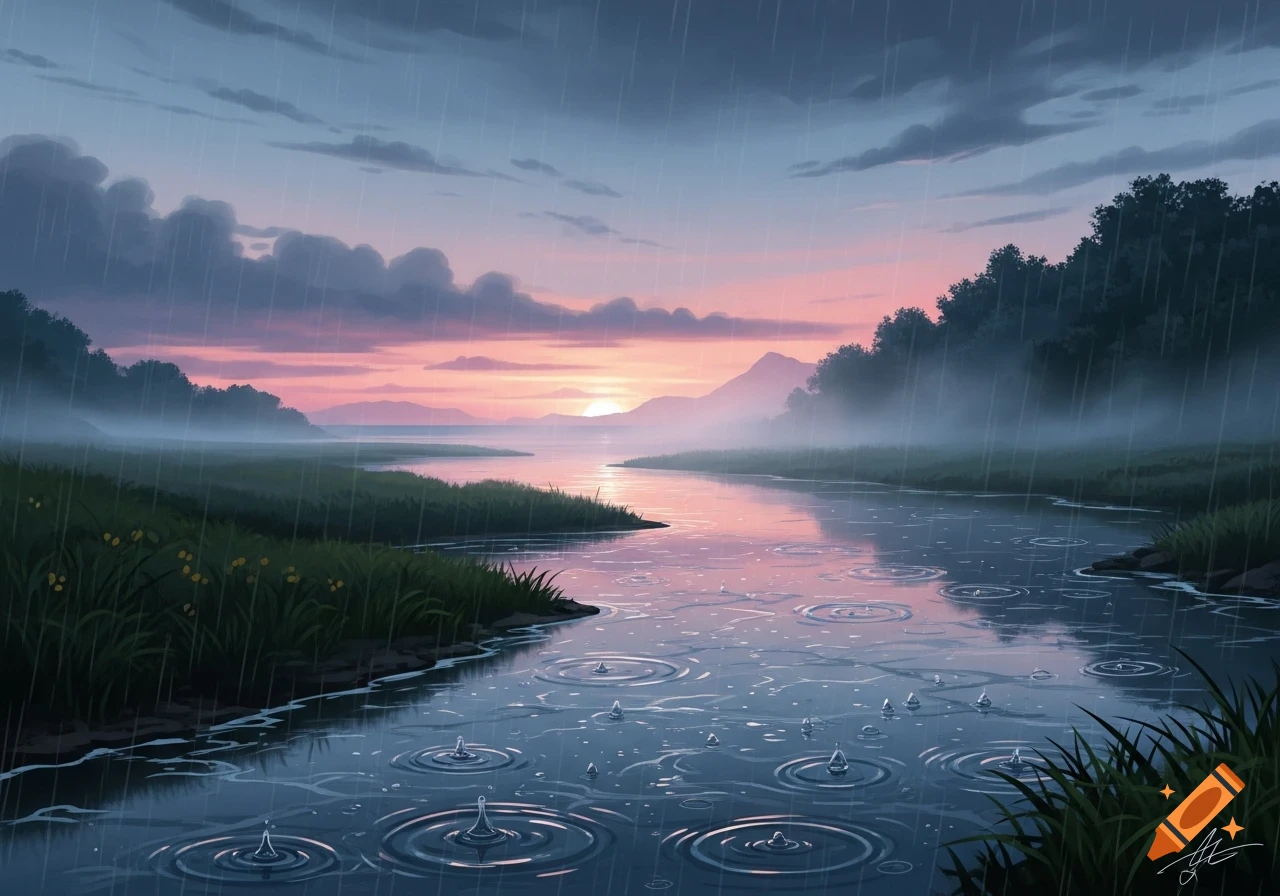 Rain falls on a serene river reflecting a pink and blue sunset sky, flowing through a lush green landscape with distant mountains.