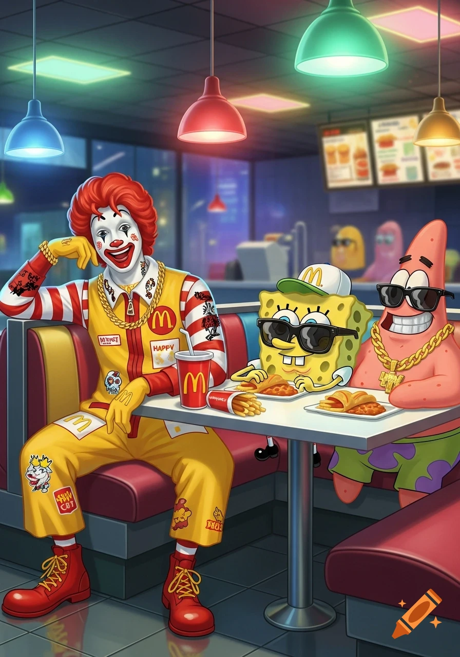 Ronald McDonald, SpongeBob, and Patrick Star in a McDonald's, dressed in a SoundCloud rapper style with gold chains.