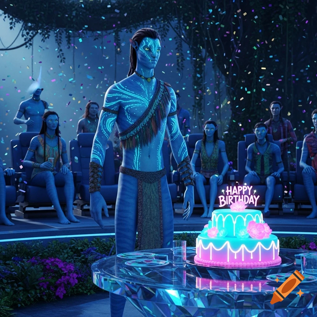 A male Na'vi character from Avatar stands near a glowing birthday cake with "HAPPY BIRTHDAY" text, surrounded by other Na'vi in a dimly lit cinema with falling confetti.
