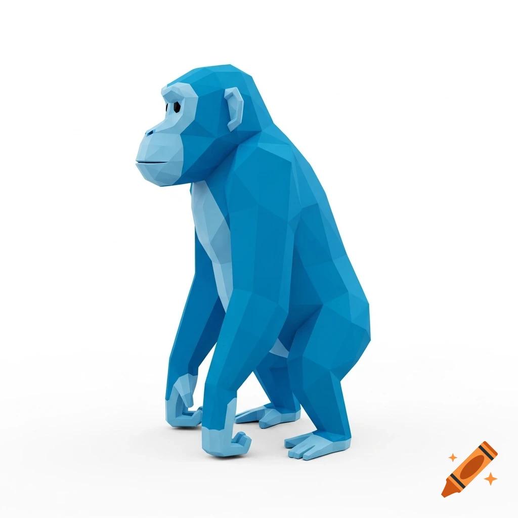 A low-poly blue monkey stands on a white background, looking slightly away from the camera, in a VR-game aesthetic.
