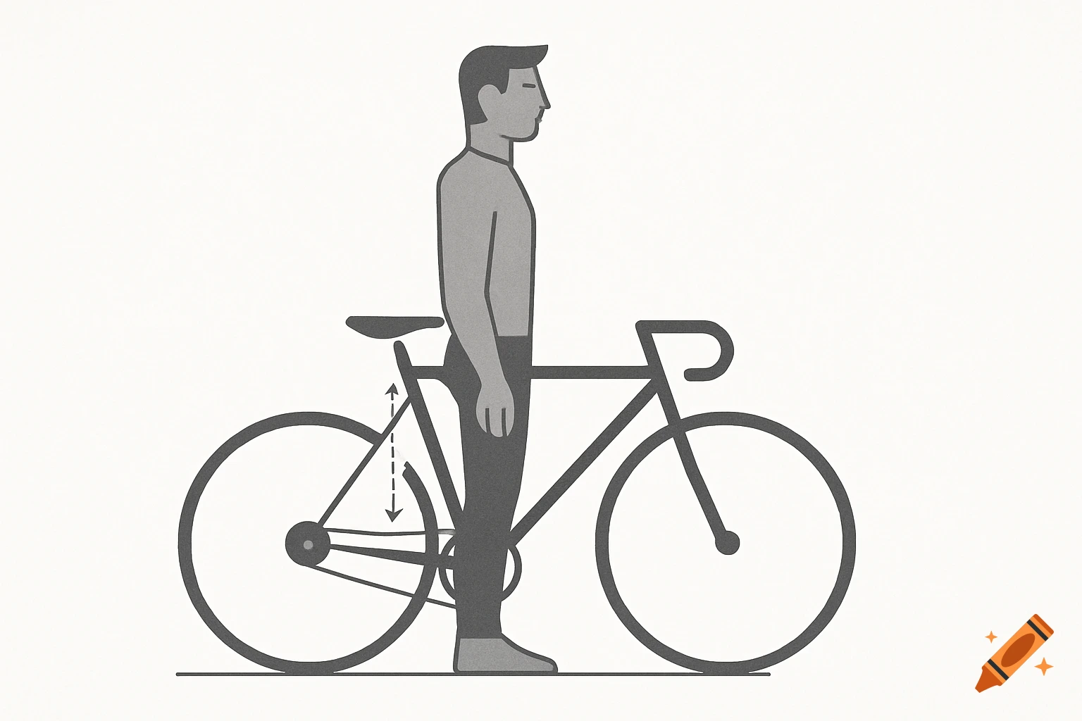 Minimalistic grayscale illustration of a man standing next to a bicycle, with dashed lines and arrows for bike fitting measurements.