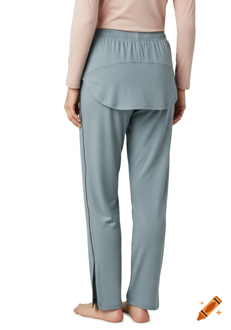 Rear view of a person wearing light blue pajama pants with a side zipper and a light pink long-sleeved top.