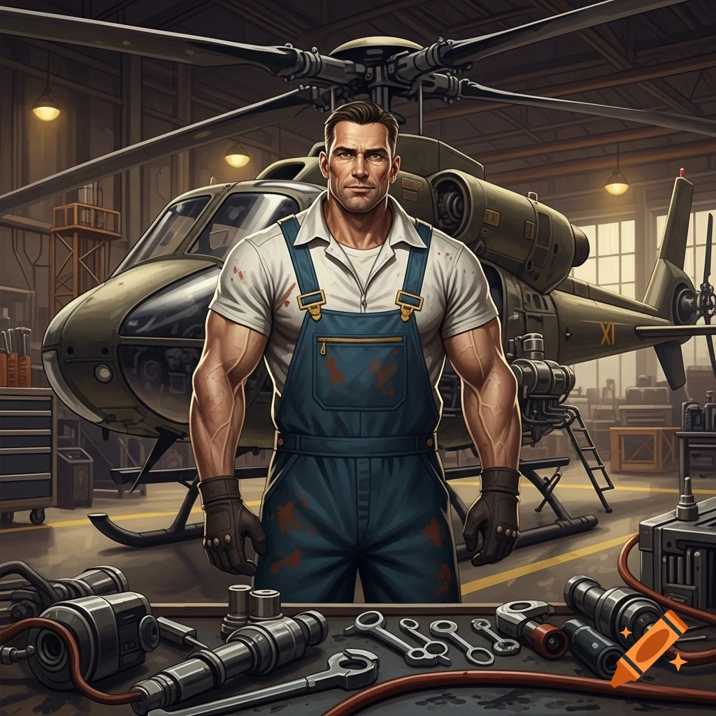 Muscular helicopter technician in blue overalls stands in a workshop with a large helicopter behind him, tools laid out in the foreground.
