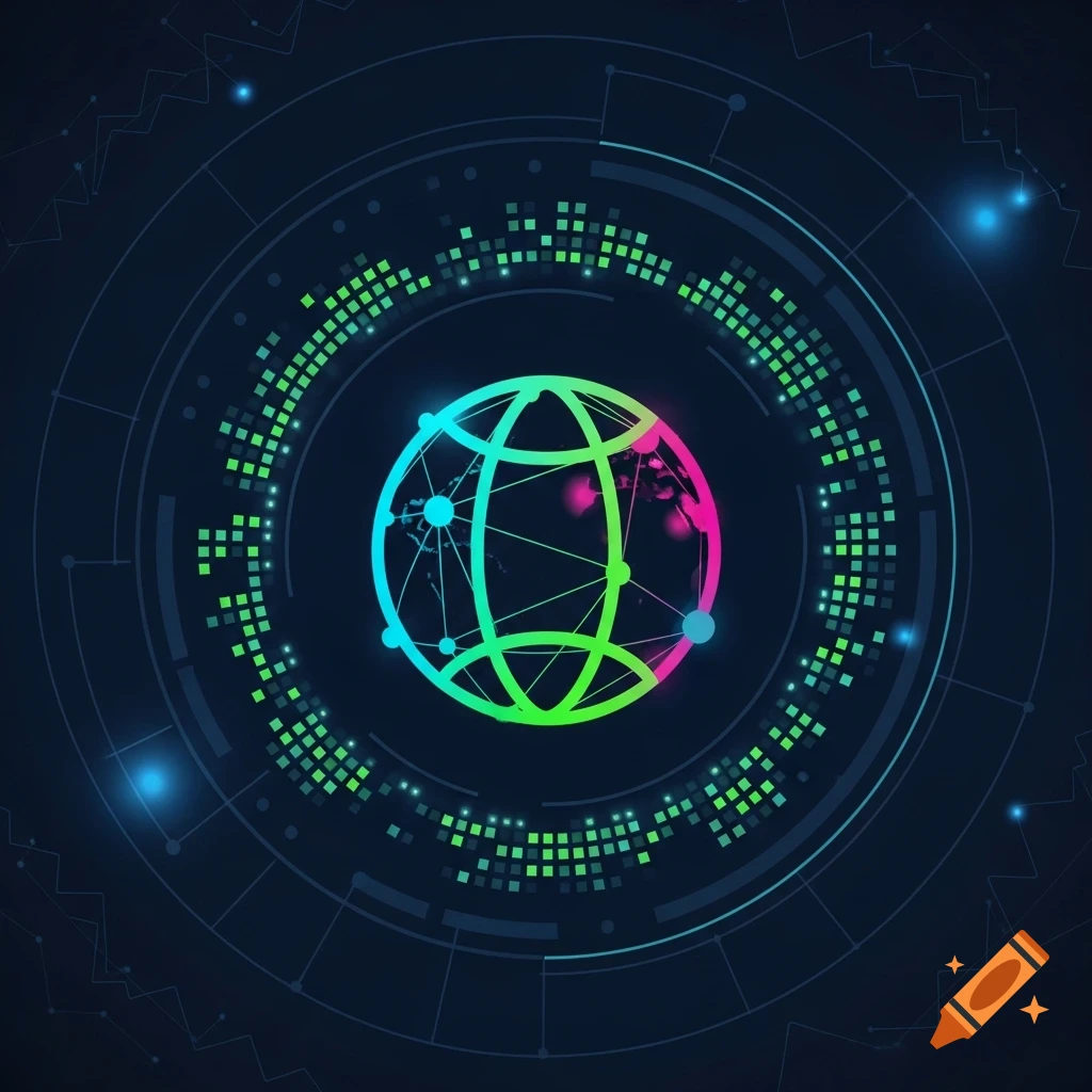 A neon green and pink globe with network connections, surrounded by a dark blue digital interface with glowing green pixels and blue lights.