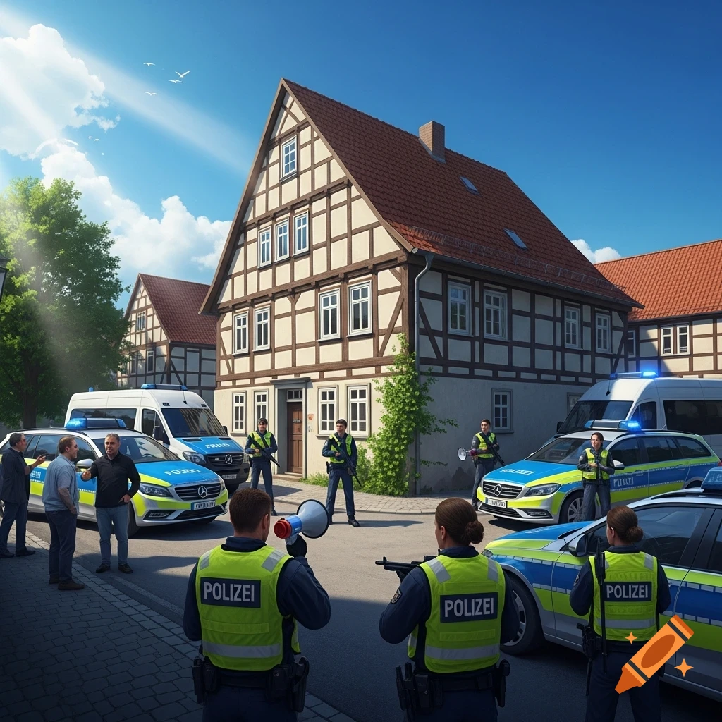 German police officers with weapons and a megaphone stand with police cars and a van in front of traditional half-timbered houses on a sunny day. Passersby talk on the left.