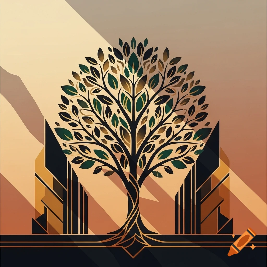 A stylized Art Deco abstract illustration of a tree with green and gold leaves and a twisted trunk, framed by geometric shapes.