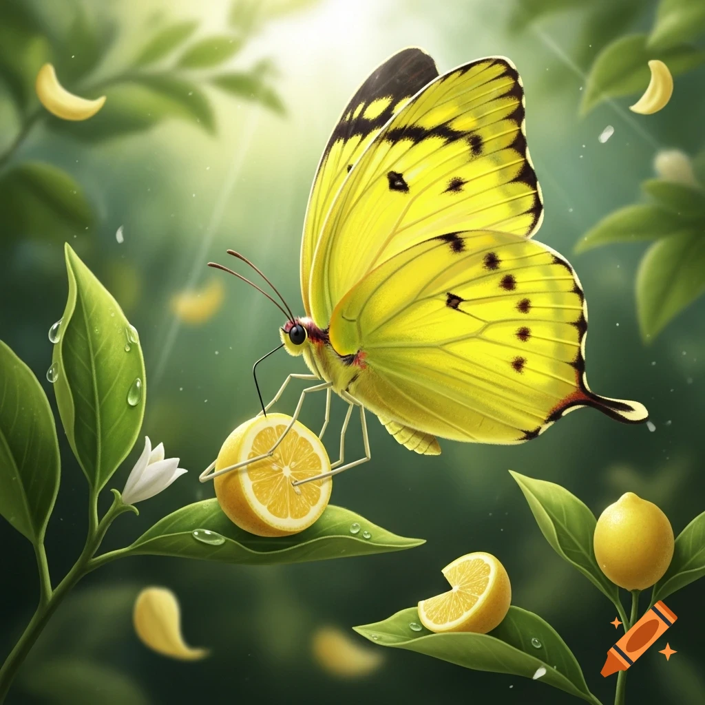 A vibrant yellow butterfly with black markings uses slender limbs to hold a lemon slice on a green leaf. Other lemons and leaves are around it, with soft sunlight in the background.