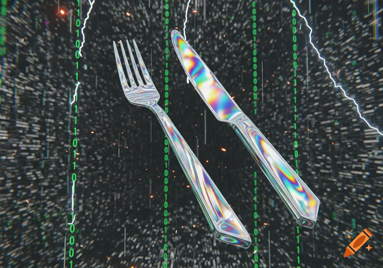 A 3D rendered, iridescent fork and knife float diagonally against a dark digital background with green binary code and glowing white lines.