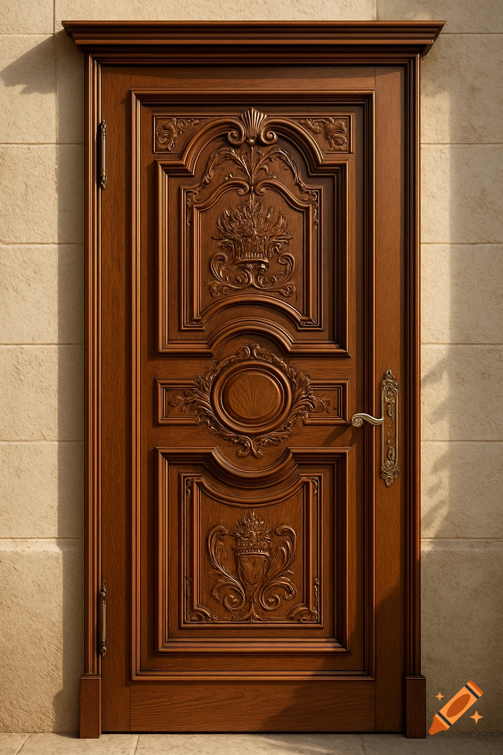 A highly detailed, ornate wooden door with traditional carvings against a light-colored wall, lit by sunlight.