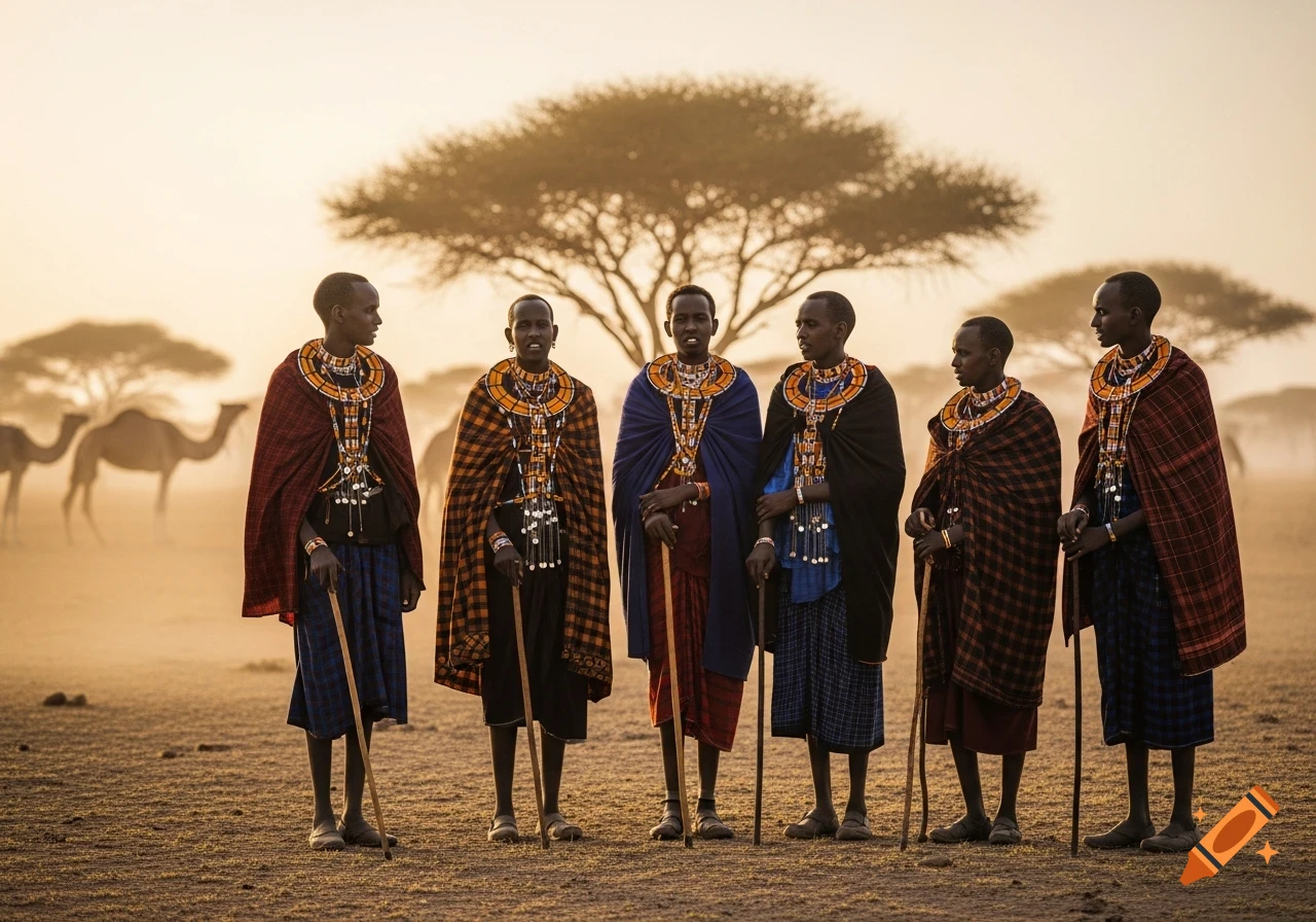 Six men in colorful traditional African attire stand in a sunlit savanna with acacia trees and camels in the background.