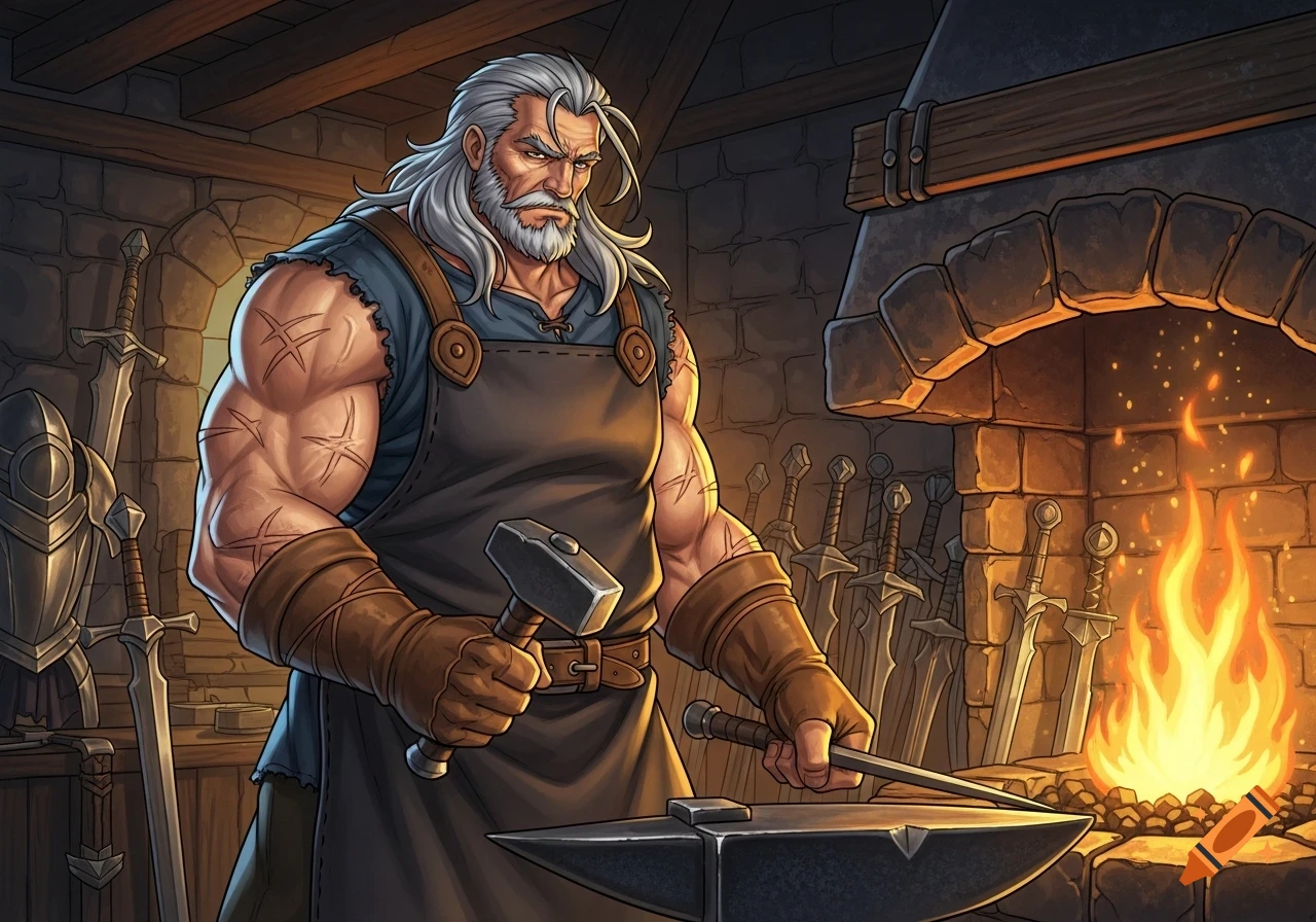 A muscular, white-haired medieval blacksmith works at a fiery forge with a hammer and tongs, surrounded by swords and armor in his workshop. Illustrated.