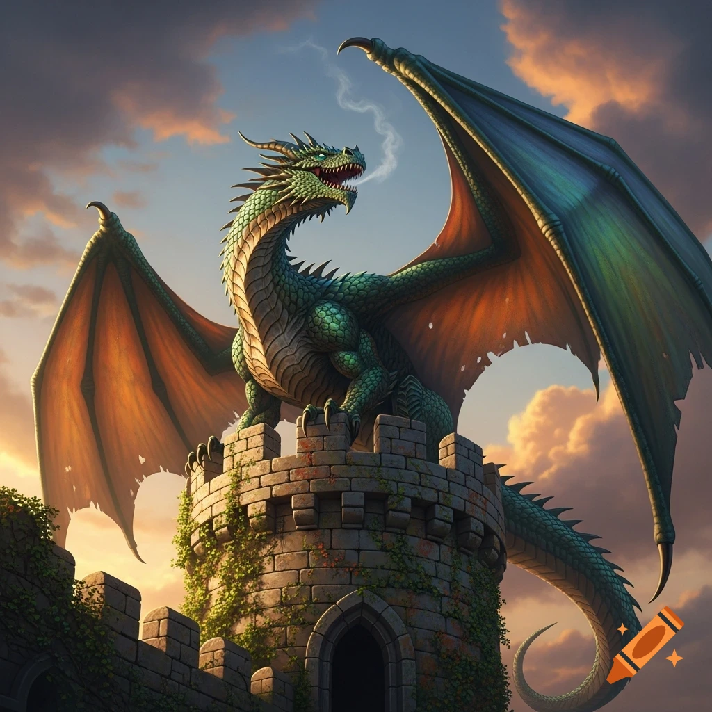 A majestic green dragon with large, colorful wings perches atop a stone castle tower against a dramatic sunset sky.