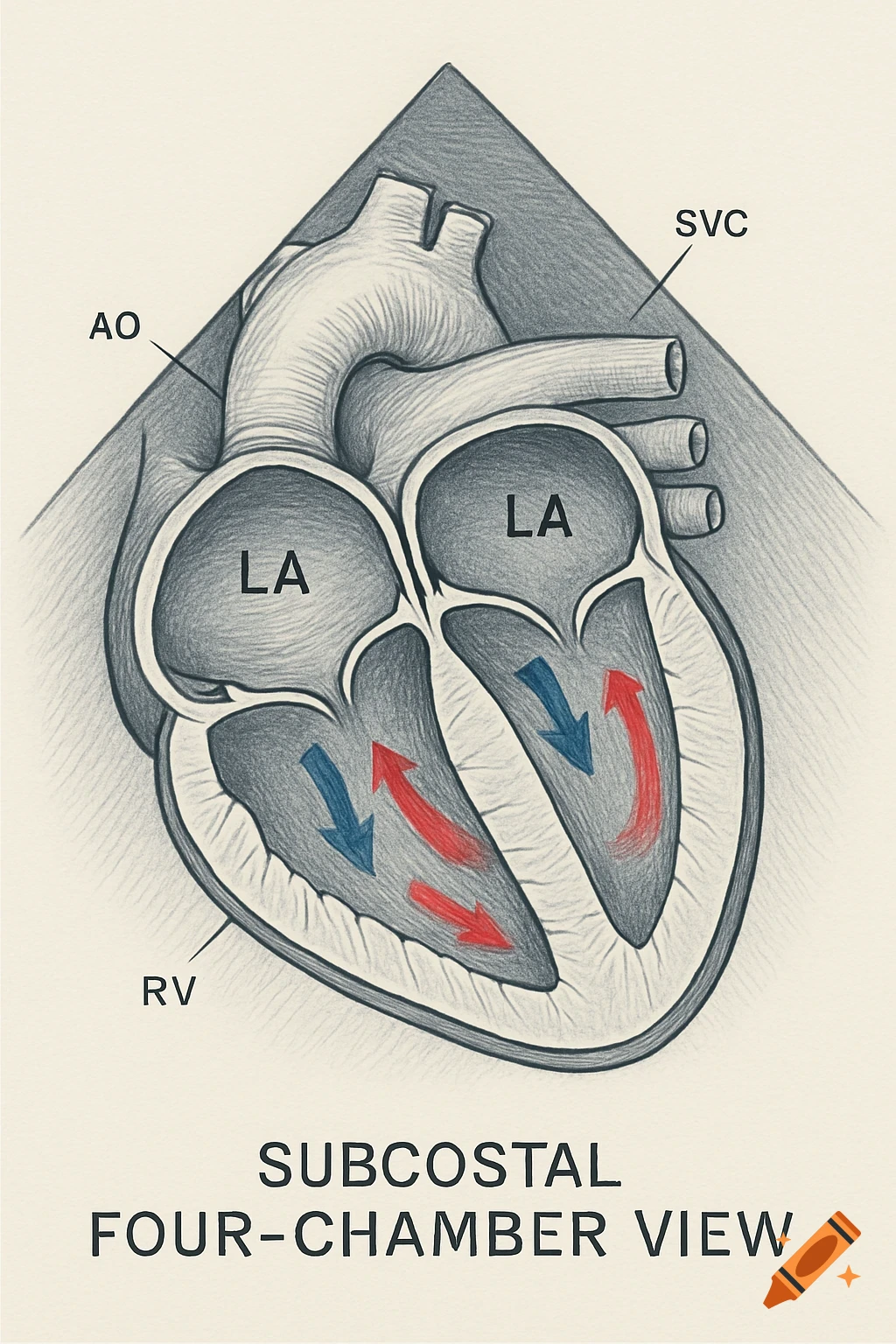 Anatomical drawing of a human heart in subcostal four-chamber view, with labeled chambers and blood flow.