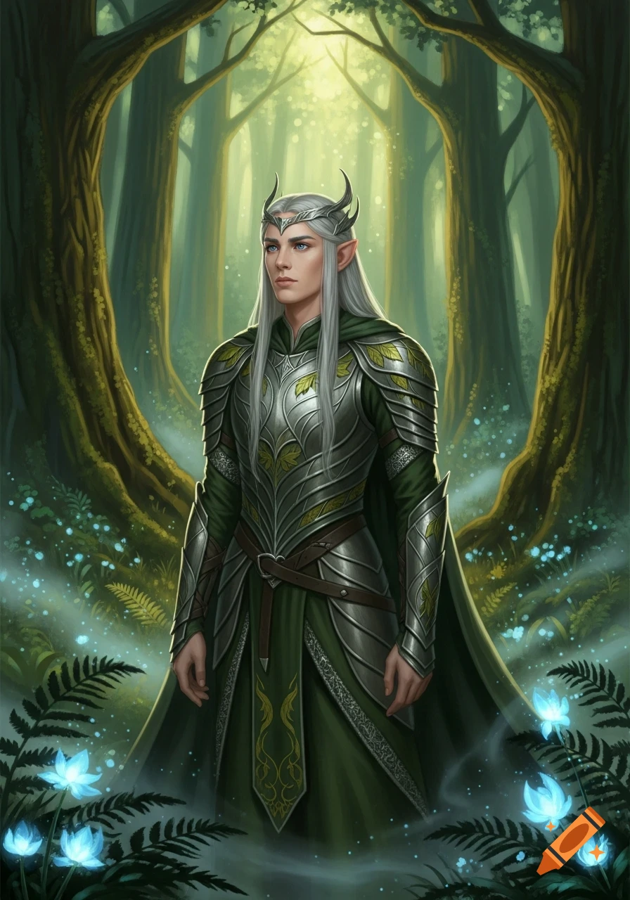 An armored elf with long white hair and a horned circlet stands in a magical forest with glowing blue flowers.