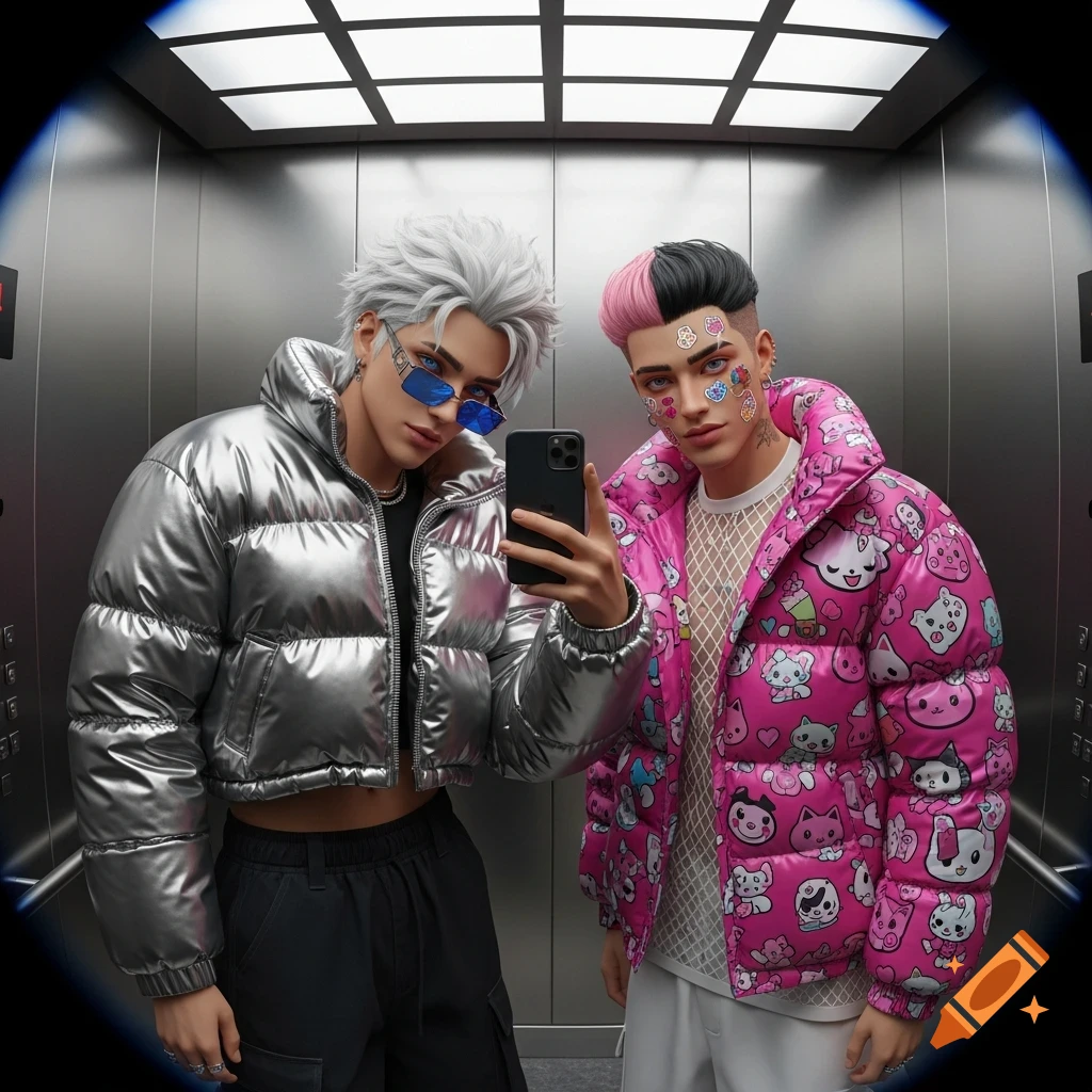 Two stylized male characters take a selfie in an elevator; one in a silver cropped puffer jacket, the other in a pink kawaii-patch jacket.