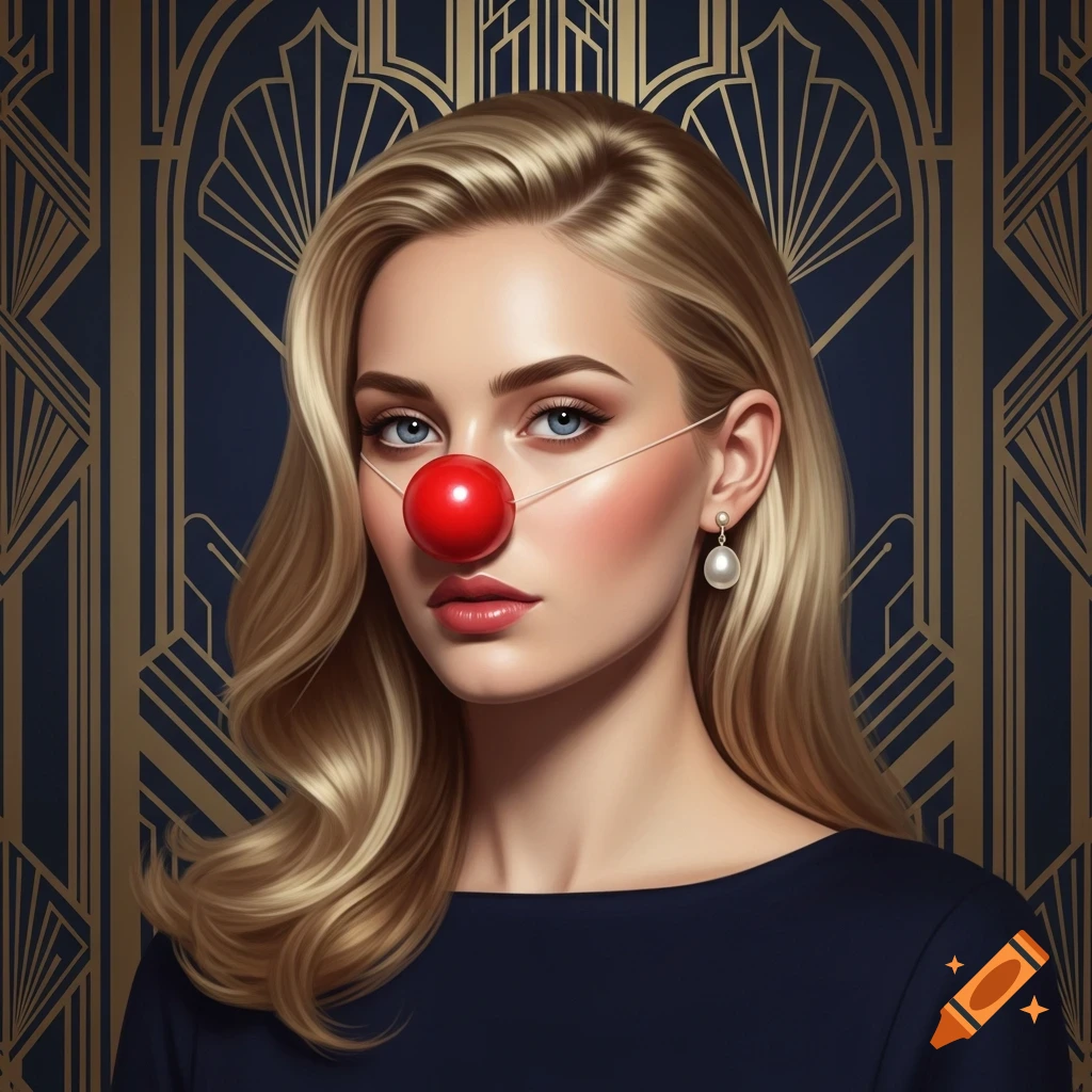 Blonde woman with a red clown nose and pearl earring, set against a gold and blue Art Deco background in a realistic style.