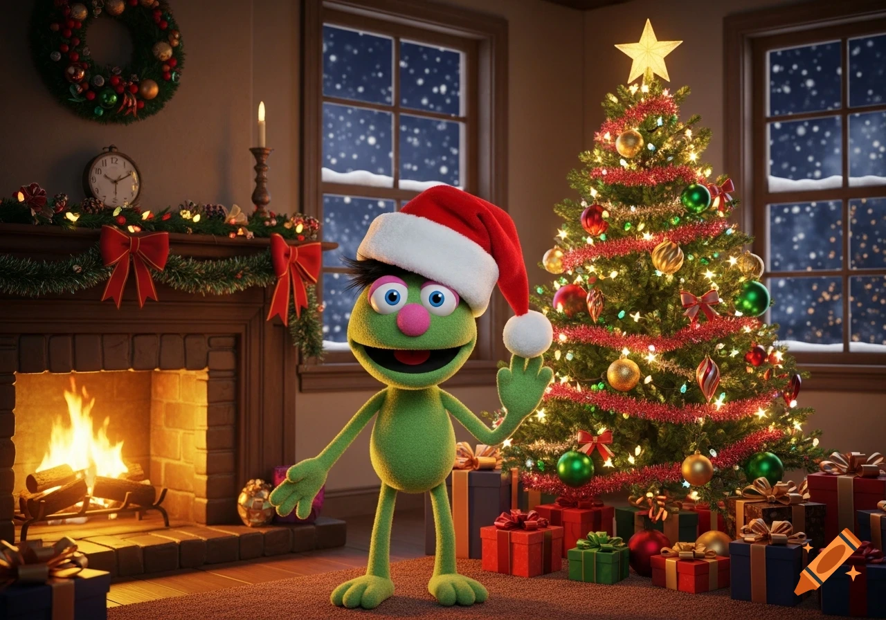 A green puppet character in a Santa hat waves in a cozy Christmas living room with a lit tree and fireplace.