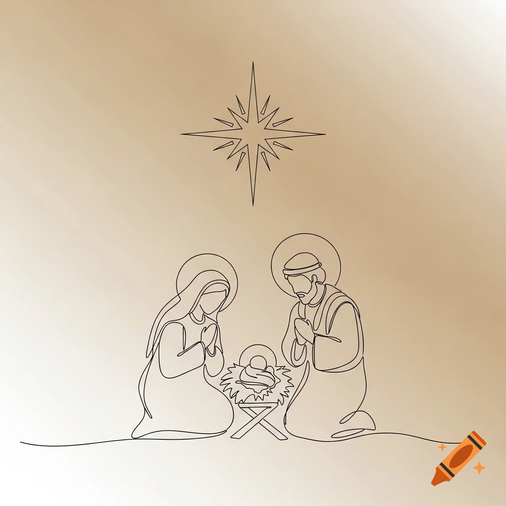 A simple line art drawing of the Nativity scene, with Mary and Joseph kneeling by baby Jesus in a manger under a star.