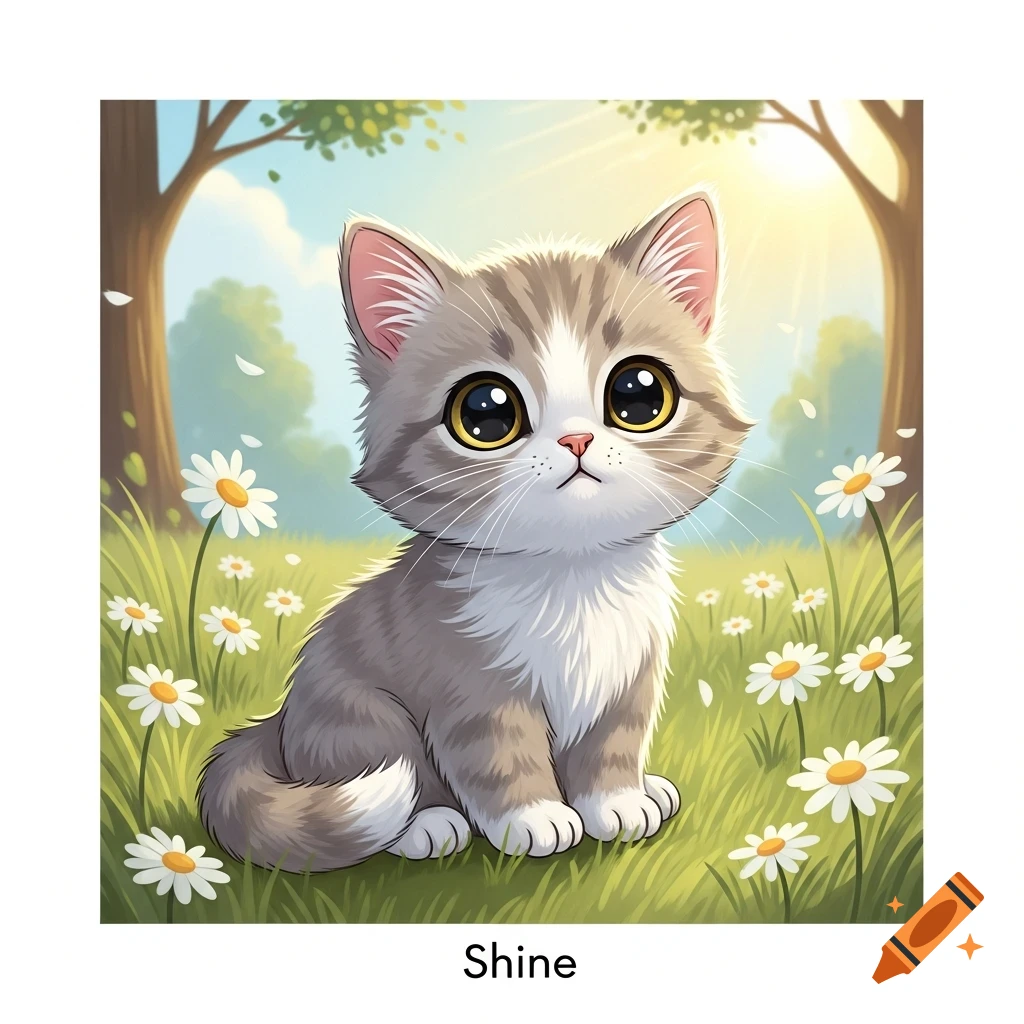 A cute cartoon fluffy light-gray kitten with big round eyes sitting in a sunny meadow filled with daisies.