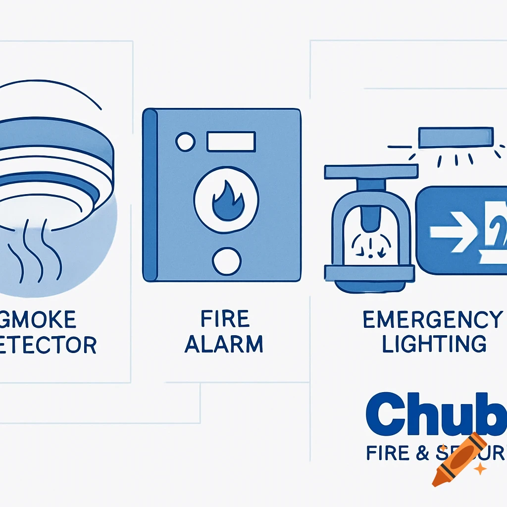 Blue and white icons for smoke detector, fire alarm, and emergency lighting, with the Chubb logo.
