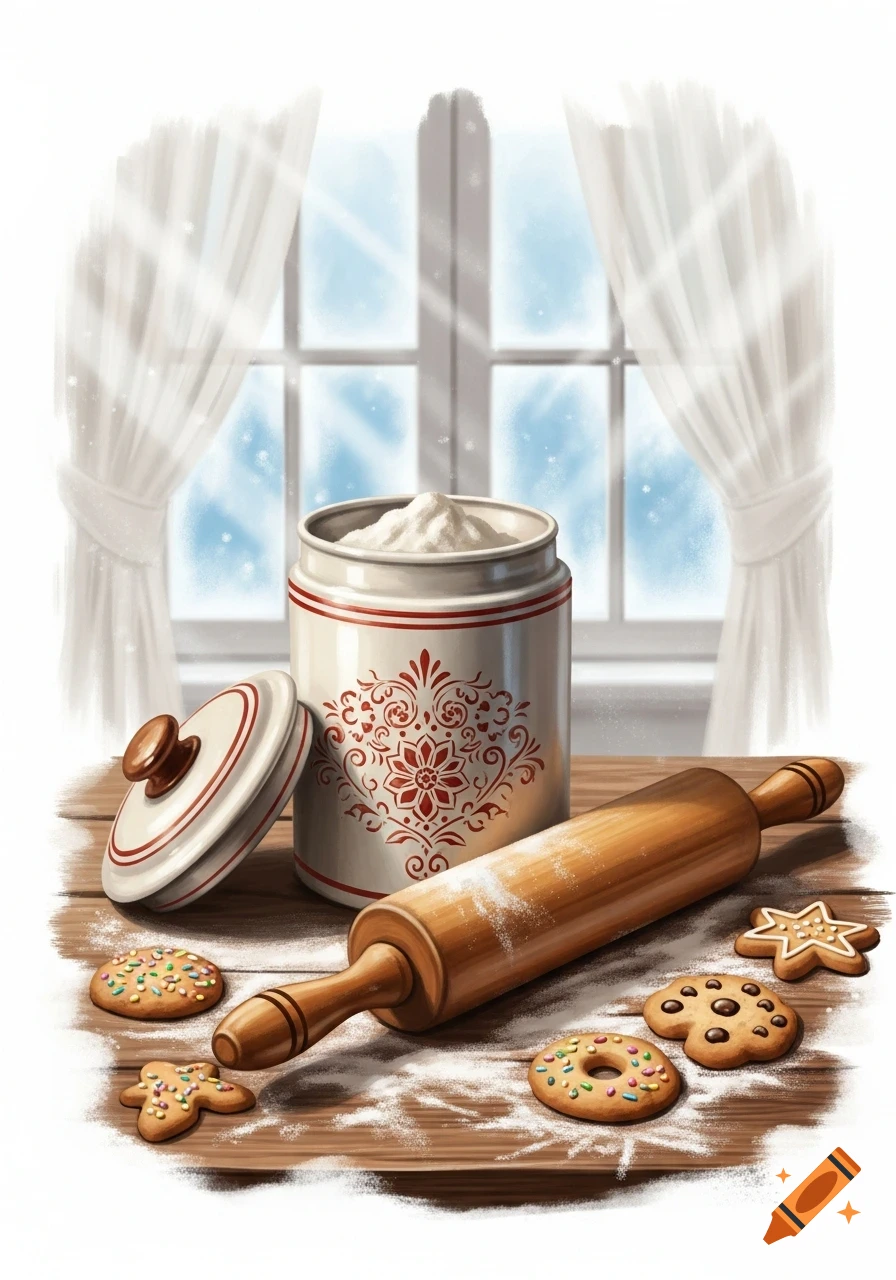 An illustration of a flour canister, a rolling pin, and decorated cookies on a wooden table in front of a snowy window.