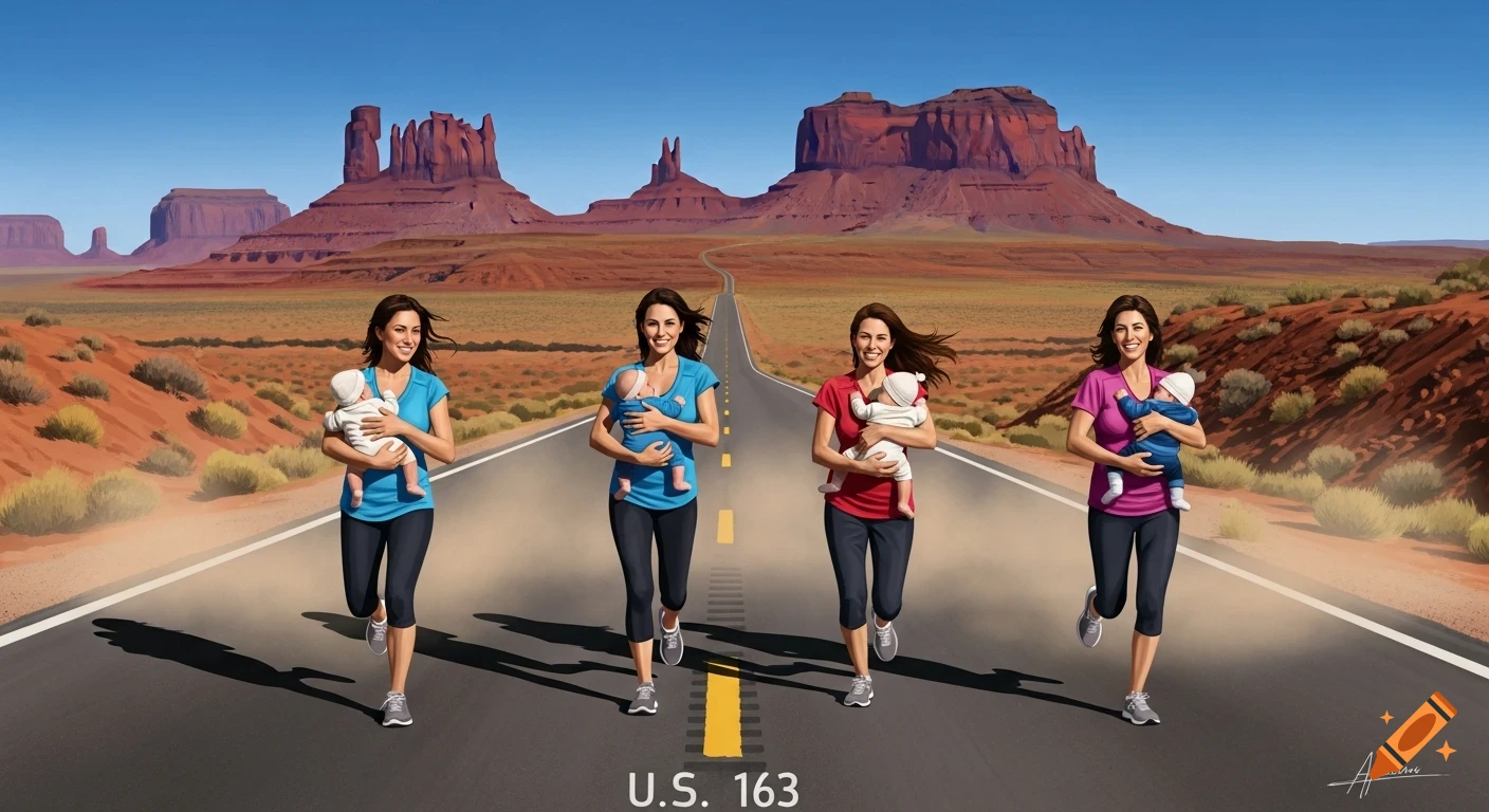 Four women, each carrying a baby, run down a desert highway (U.S. 163) in Monument Valley, depicted in a photorealistic style.