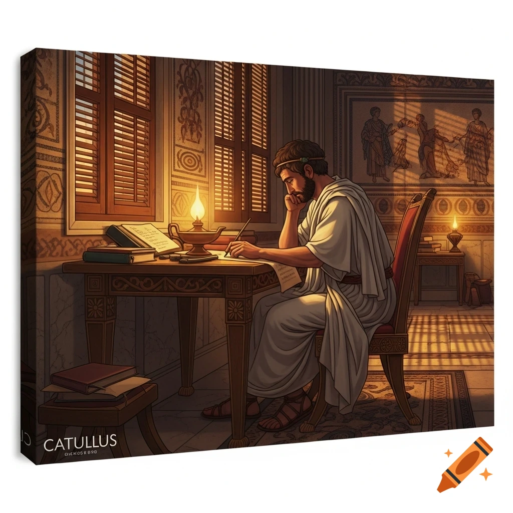 An ancient Roman man in a toga sits at a desk, illuminated by a lamp, writing on a scroll in a detailed room with wall frescoes.