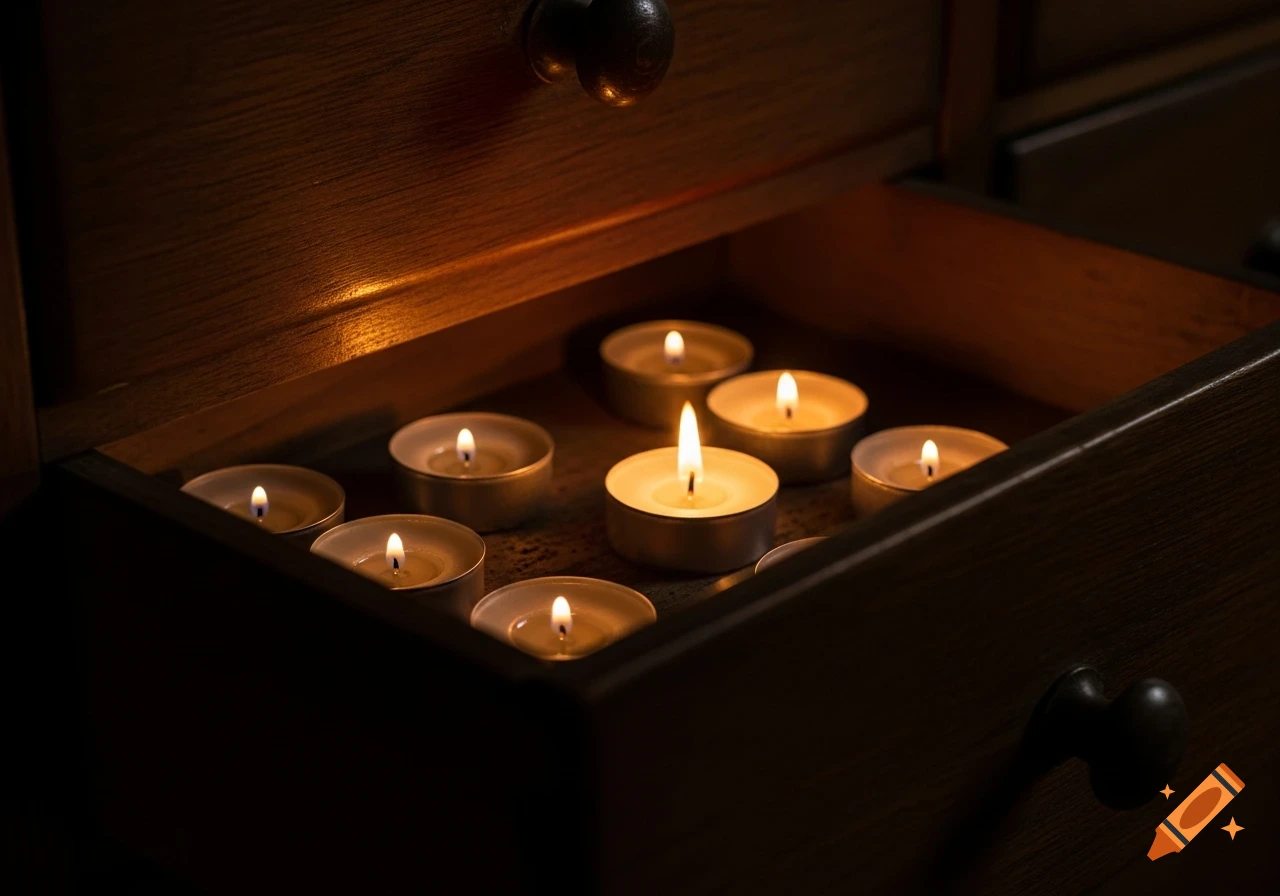 Multiple lit tea-light candles nestled closely in a dark, open wooden drawer, creating a warm and cozy atmosphere.