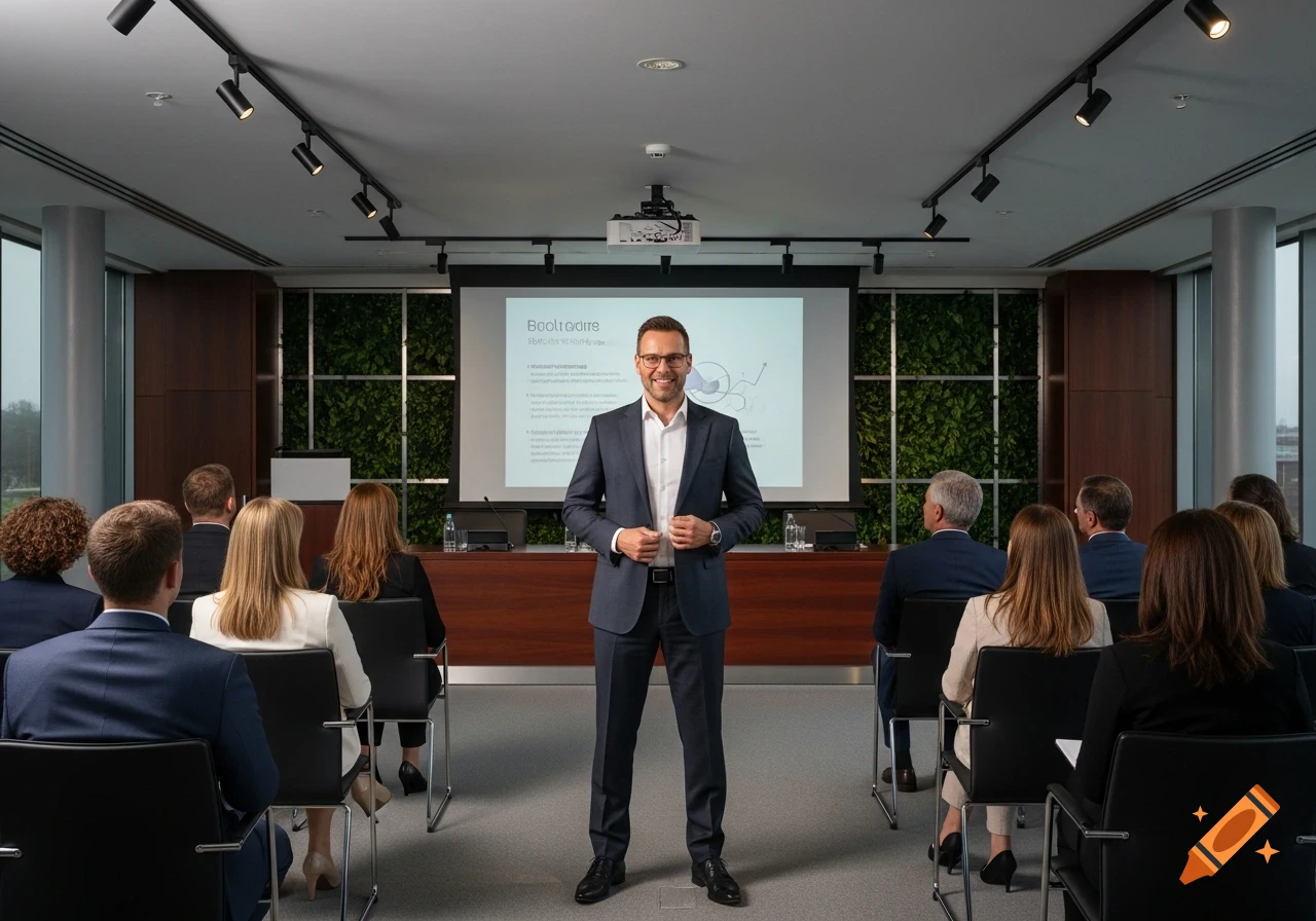 Smiling man in a suit presenting to an audience in a modern conference room with a large screen.