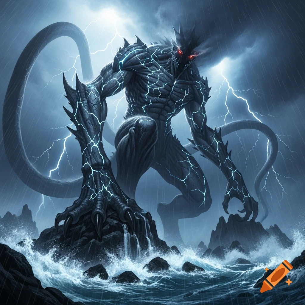 A monstrous, dark creature with glowing red eyes and spiky armor, covered in crackling blue lightning, emerges from a stormy sea with crashing waves and dark clouds.