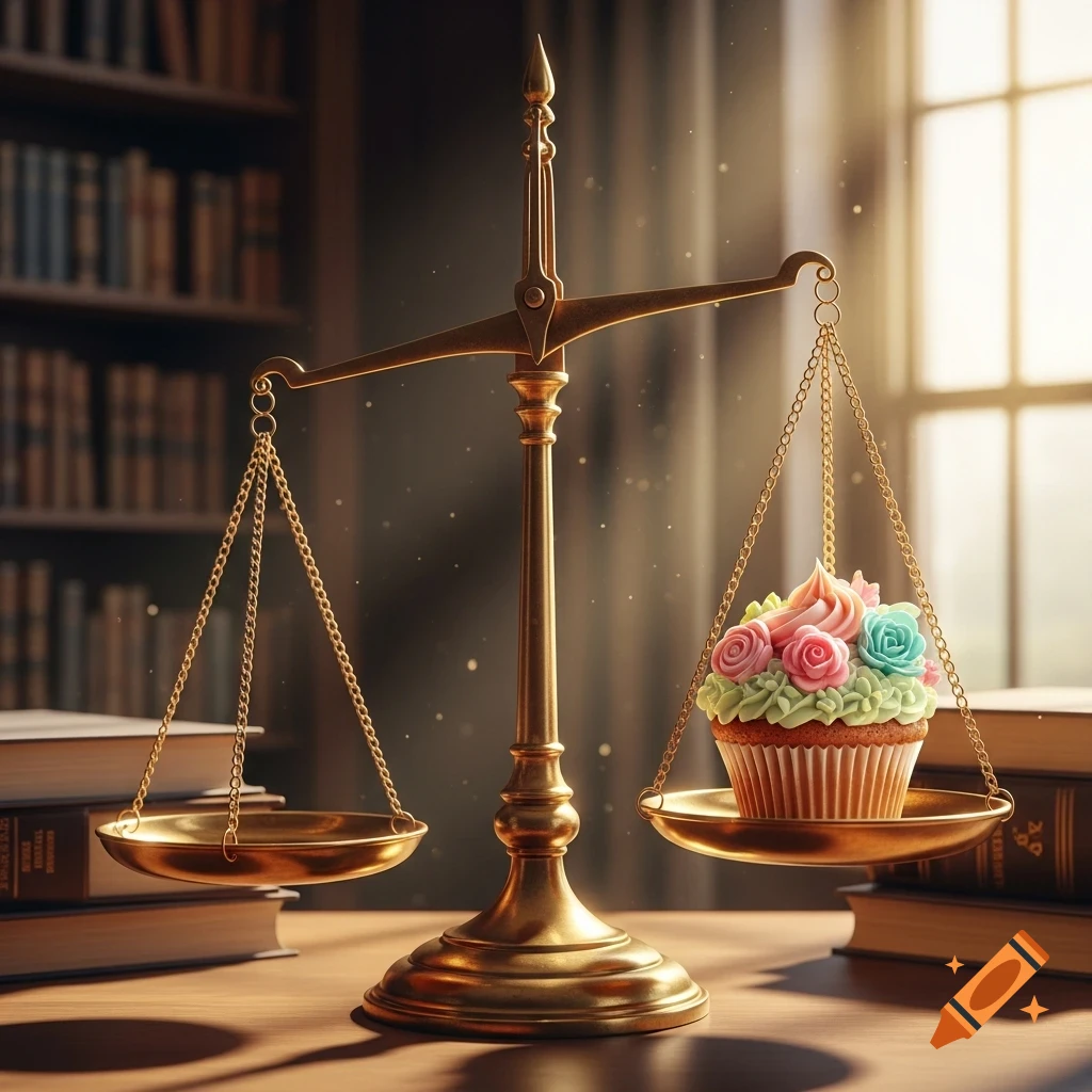 A golden scale of justice balances an empty pan against a pan holding a colorful frosted cupcake, set in a library with books.